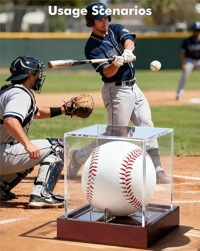 Fitense Clear Acrylic UV-Protected Sports Display Case with Solid Wood Base for Autographed Memorabilia, Baseball