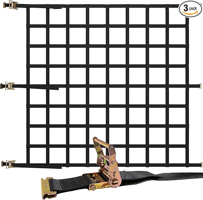 US Cargo Control E Track Cargo Nets for Trailers 82" x 82" (3-Pack), Adjustable Heavy Duty Cargo Net with Ratchets for E-Track and X-Track Systems, 8" x 8" Holes, Use in Enclosed Trailers, Box Trucks
