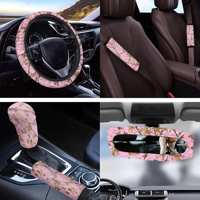 Pink Camo Hunting Car Accessories Set of 11 Car Front Seat Cover Steering Wheel Cover Seat Belt Pads Elastic Fabrics Gear Lever Cover Universal Fit Most Cars SUV