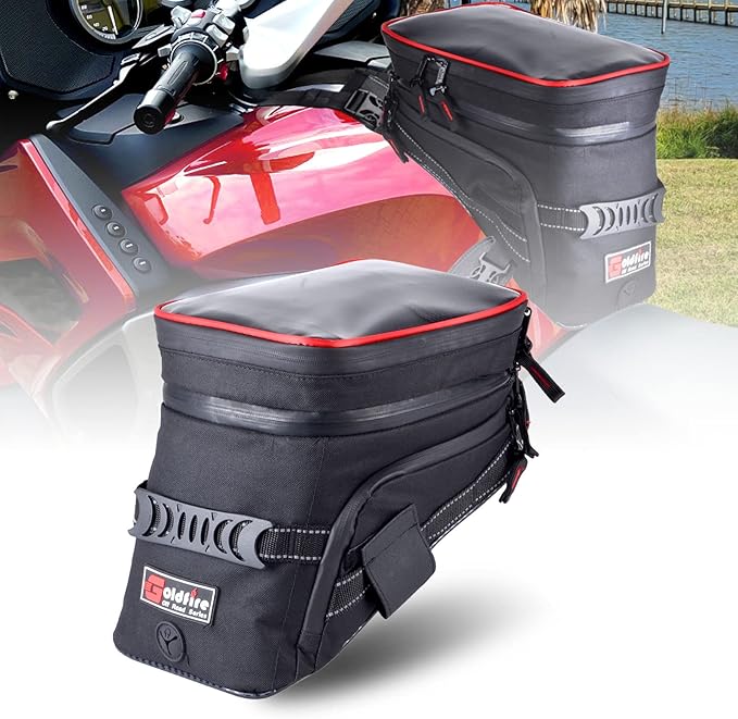 Goldfire Motorcycle Tank Bag Expandable ADV Gas Oil Fuel Tank Saddle Bag with Strong Strap Mount Water Resistant Motorcycle Storage Bag(Red Piping)