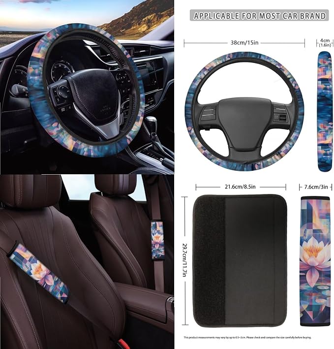 Lotus Digital Painting Pattern Auto Accessories Set of 15, Car Seat Cover Steering Wheel Cover Seat Belt Cover Air Vent Storage Bag Keychain Trash Bin and Mirror Cover