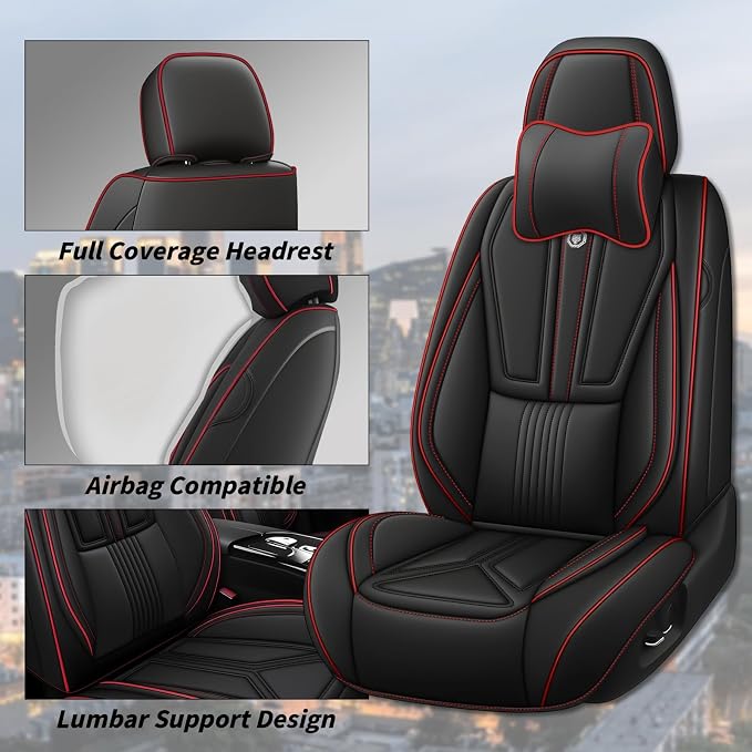 Arazi Fit for 90% of Mercedes-Benz Seat Covers, 360° Full Wrap Original Seat Cover, Waterproof Nappa Leather Seat Covers with Big Space Storage Pocket Seat Protector（5 Seats Luxury, Black&Red Line）