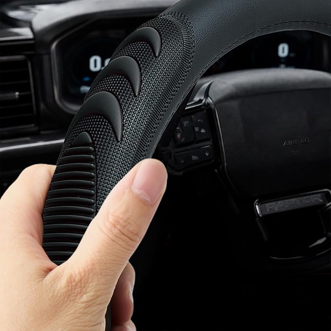 Leather Steering Wheel Cover for Toyota RAV4 Corolla Camry Highlander, 14.5-15 inches Car Steering Wheel Cover with Non-Slip Breathable (Black)