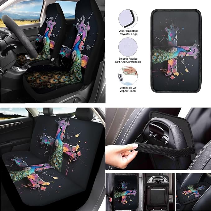 Peacock 13 Pcs Seat Covers Gothic Peacock Cross Full Set Non Slip and Soft Headrest Cover Car Aesthetics Colorful Cross Black Cup Pad Fit for Car,Truck,Van,SUV