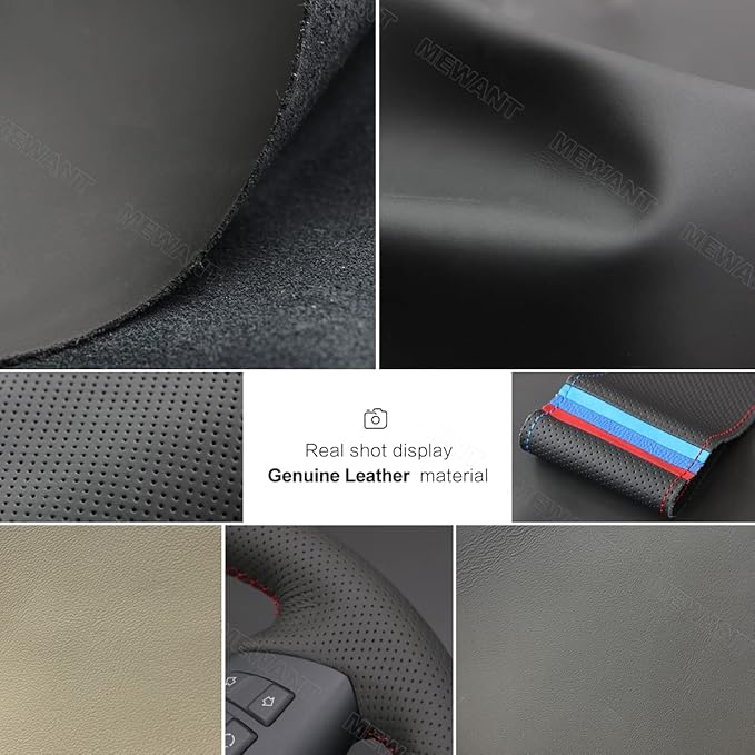 MEWANT Customized Version Genuine Leather&Suede Steering Wheel Cover Wrap Hand Stitch Fit for Toyota Hilux 2015-2021 / Fortuner 2015-2021