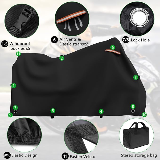 Roasivi Motorcycle Covers Outdoor Waterproof Motorbike Covers All Season Universal Weather Protection for Harley Davidson Touring Models General Fits XXL 96" L x 43" W x 55" H Black