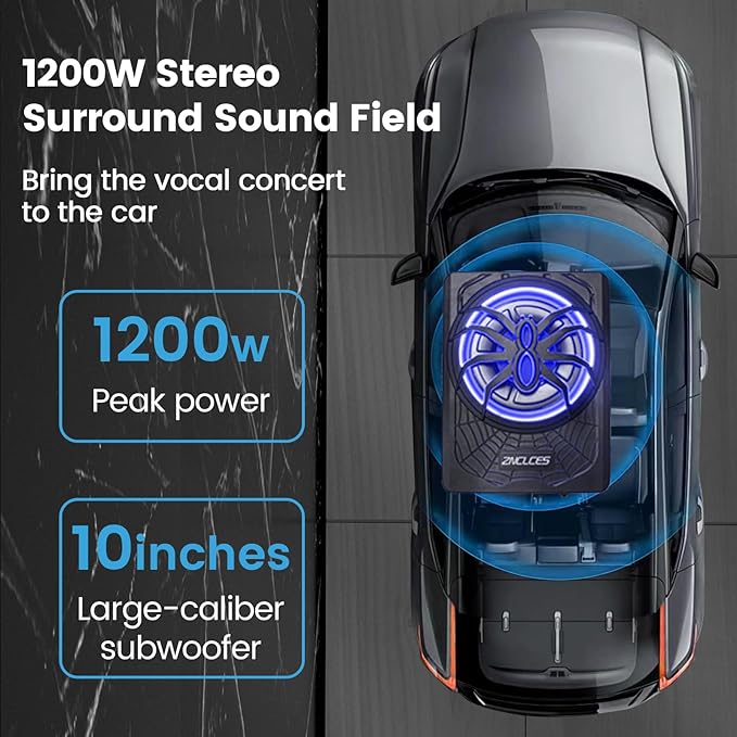 Znclces 2025 Upgraded 10" 1200W Slim Under Seat Powered Car Subwoofer, Car/Truck Sub Built in Amplifier for Outstanding Heat Dissipation, Powerful bass and Blue LED (Blue Light)
