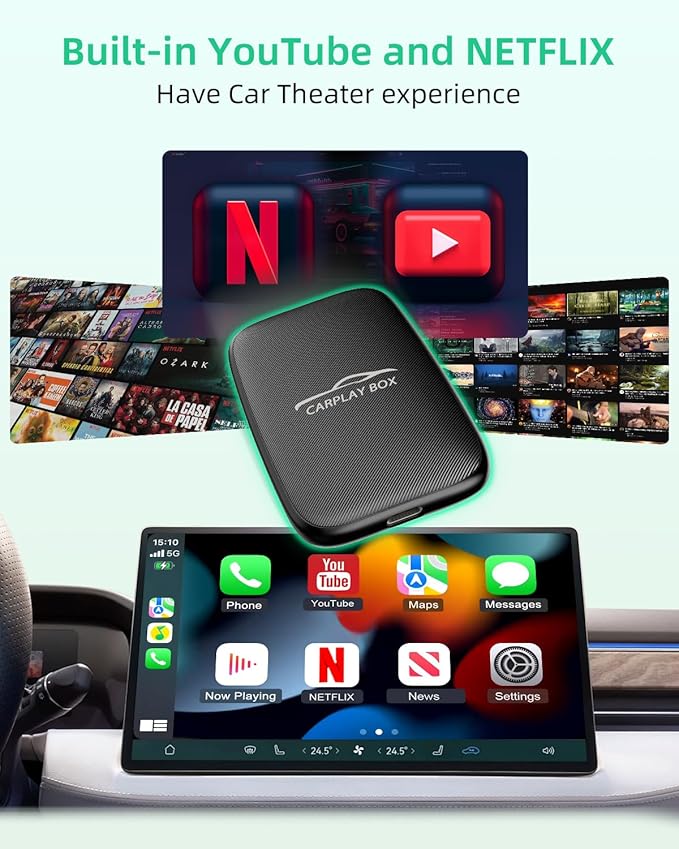 2025 New 4-in-1 Wireless CarPlay Adapter Support Netflix/YouTube/TF, Android Auto & Carplay Adapter with USB-A and USB-C Cables,Convert Wired to Wireless Apple Dongle, Video Box Car Play for iOS 10+