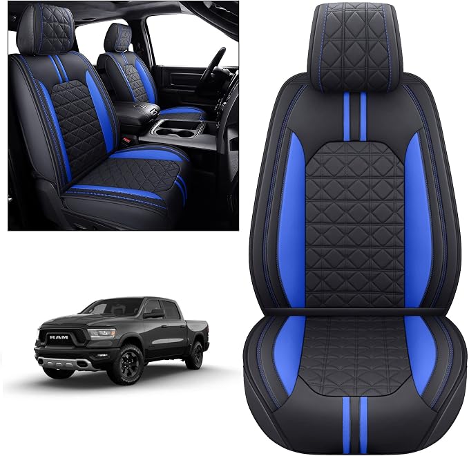 YIERTAI for Dodge RAM Seat Covers Fit 2009-2025 2026 1500/2500/3500HD Pickup Crew Double Cab Quad Cab Laramie Long Horn Rebel Tradesman Waterproof Leather Seat Cover(2 PCS Front only/Black-Blue)