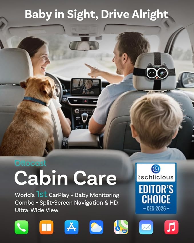 OTTOCAST Baby Car Camera Displaying on Car Screen,1080P Clear No-Glow Night Vision,Split-Screen Navigation,150°Wide Angle,Car Baby Monitor with Built-in Wireless CarPlay Cabin Care Car Adapter 2026