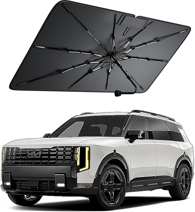 Windshield Sun Shade for Kia Telluride 2020–2026, Foldable Umbrella Sunshade with 100% UV Block, Multi-Layer Heat Insulation, Reinforced 10-Rib Frame, Keeps Car Cooler, Summer Car Accessory