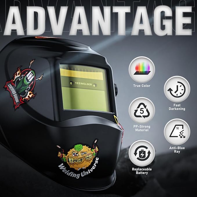 YESWELDER Auto Darkening Welding Helmet, Blue Light Blocking, 1/1/1/1 True Color Solar Powered Welding Hood with 2 Arc Sensors, Wide Shade 3.5/9-13 Welder Mask for TIG MIG ARC and Grind