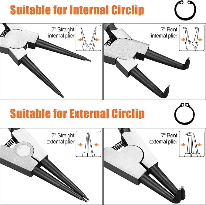 Small Tip Snap Ring Pliers Set, 4pcs 7" Internal/External Circlip Pliers Kit with Straight/Bent Jaw