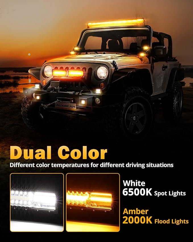 Auxbeam 6 Modes Amber White Series 30-Inch LED Light Bar for Car Truck Jeep | Dual-color strobe light, Spot flood combo beam, Emergency warning flashing light, Off-roading light, 180W high brightness