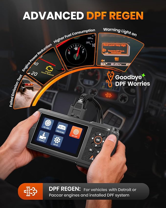 ANCEL HD431 Heavy Duty Truck Scanner, DPF Regen & Forced Reset for Paccar & Detroit Engines, Full System Diagnostics Diesel Code Reader, Professional OBD2/HDOBD Mechanic Tool for Commercial Vehicles