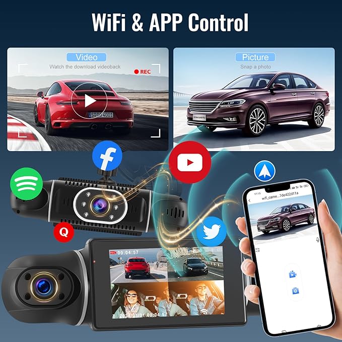 NHOPEEW 4 Channel 360 Dash Cam, 3 inch IPS Screen 1080P Front and Rear Inside, 720P Left Right Dash Camera for Cars with WiFi&App Control, Night Vision, Loop Recording + 64G TF Card