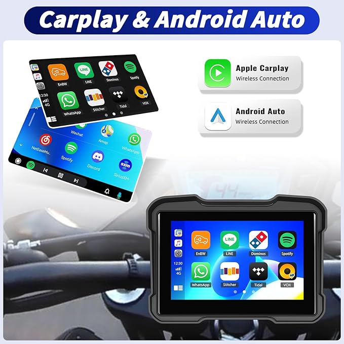5 Inch IPS Waterproof Portable Motorcycle CarPlay Screen with Wireless CarPlay&Android Auto,GPS Navigation,Bluetooth,EQ,TF Port,Voice Control,IP67 Waterproof