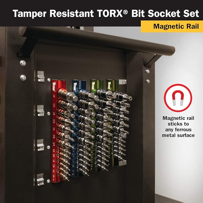 Titan 16121 12-Piece Tamper Resistant Torx Bit Socket Set, Magnetic Socket Organizer with Laser-Etched Size Markings