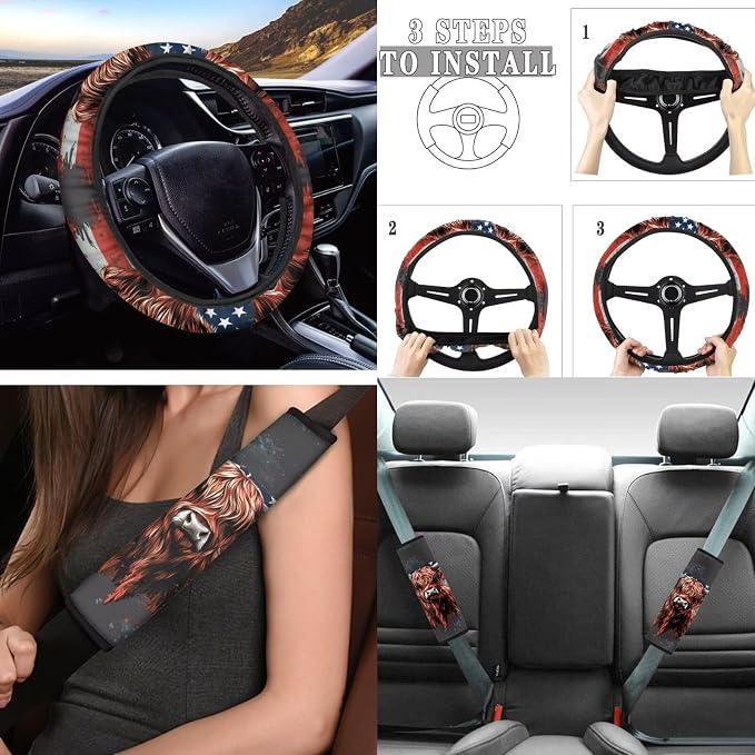 Tupalatus American Flag Highland Cow Car Seat Covers Full Set Fashion Car Interior Accessories Steering Wheel Cover Auto Seat Belt Cover Coasters Gear Shift Cover Hand Brake Cover 9 Pieces