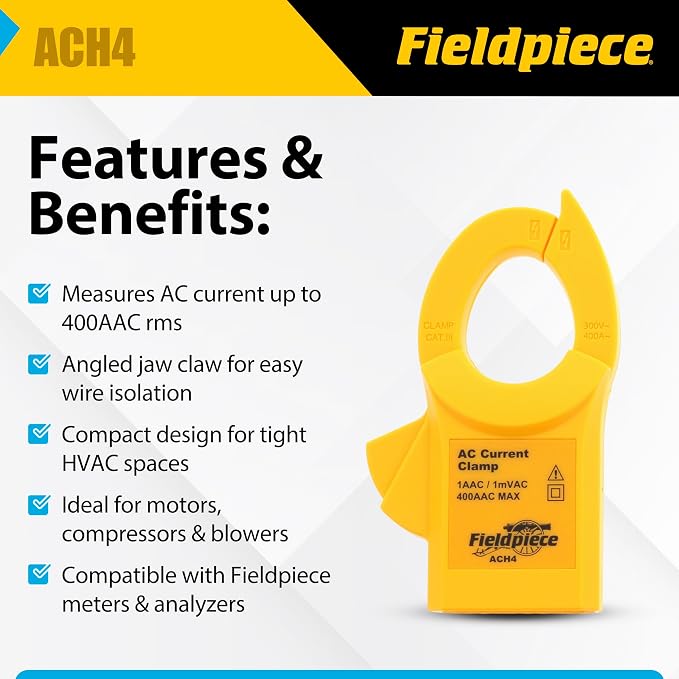 Fieldpiece ACH4 400A Amp Clamp Accessory Head for HVAC Testing, AC Current Clamp Meter Attachment, Jaw Claw Wire Isolation, Compatible with Stick Multimeters & Digital Meters