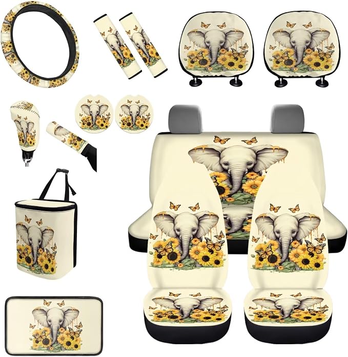 BIGCARJOB Sunflower Elephant Car Seat Cover Set for Front and Back,15 Pieces Sunflower Car Interior Sets with Car Seat Head Rest Protective Cover,Auto Garbage Bag,Auto Accessories Set