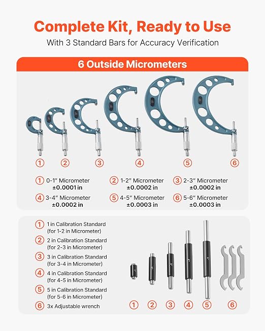 VEVOR 6 PCS Micrometer Set, 0-1"/1-2"/2-3"/3-4"/4-5"/5-6" Machinist Outside Micrometer, Precision 0.0001 Accuracy, Professional Machinist Tools with Protective Case, for Metalworking & Engineering