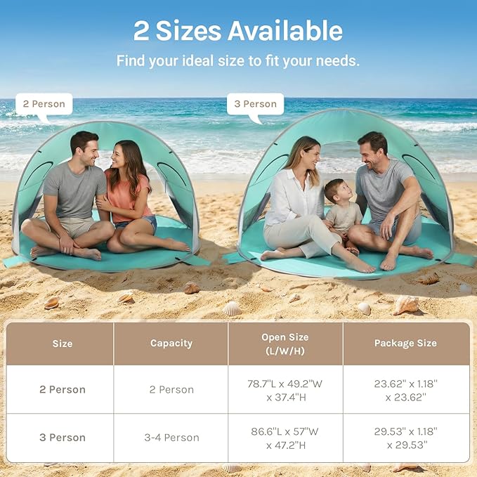 Wolfwise Pop up Beach Tent Sun Shelter with UPF50+ UV Protection, Instant Easy Setup Popup Beach Shade Canopy for 2 Person, Portable & Foldable with Carring Bag, 79 ×49×38 in, Mint Green
