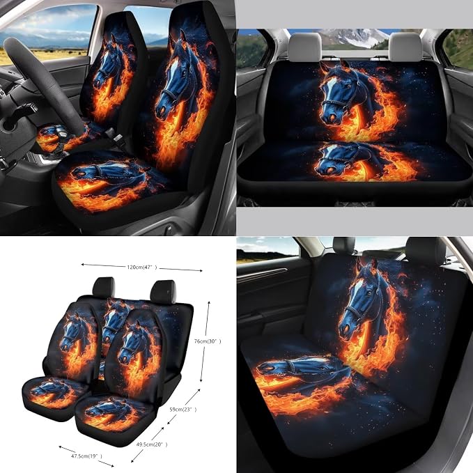 Horse Fire Pattern Car Accessories Set of 15, Front Rear Seat Covers Steering Wheel Cover Seatbelt Cushion Coasters Keychain Trash Can Air Vent Bag Universal Fit