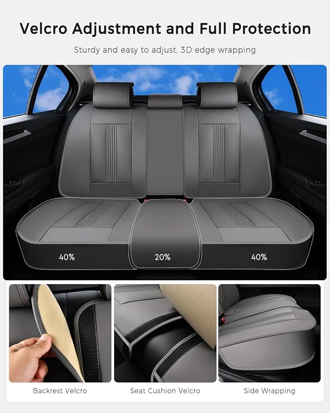 Huidasource Gray Back Seat Covers, Nappa Leather Rear Seat Covers with Ventilation Holes, Velcro Adjustable, Compatible with Seat belts, Child Safety Seats, Universal Fit for Most Cars SUV Trucks Gray