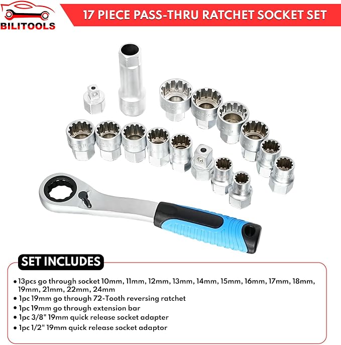 BILITOOLS Lug Nut Impact Socket Set& 17-Piece Pass Through Socket Set, 3/8" & 1/2" Drive Pass Thru Spline Socket & Ratchet Set Go Through Design Metric/SAE 10-24mm