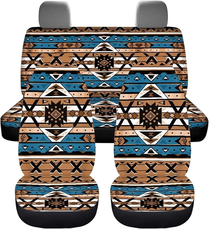 Dreaweet Aztec Seat Covers for Cars Full Set Southwestern Indian Tribal Geometric Car Steering Wheel Cover/Center Console Cover/Seatbelt Covers/Car Coasters/Gear Shift Cover/Handbrake Cover,Universal