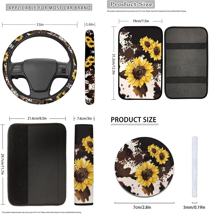 Brown Cow Sunflower Car Seat Covers 12Pcs Cow Car Accessories Interior Sets with Universal Fit Auto Steering Wheel Covers Seatbelt Pads Keychain Cup Holder Coaster for Women,Men,Fit Most Cars