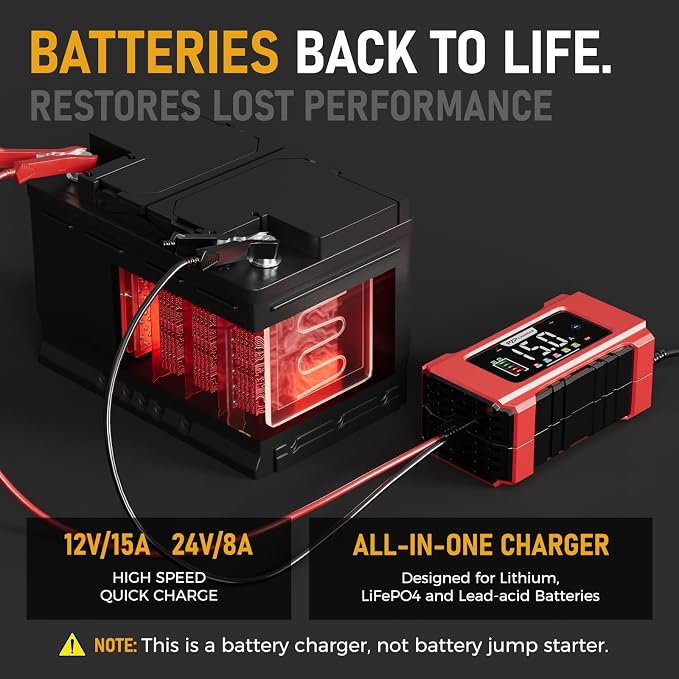 PZP 15-Amp 12V/24V Smart Battery Charger, Maintainer & Trickle Charger for LiFePO4, Lead Acid Batteries - Fully Automatic 9-Stage Charging w/Temp Compensation for Motorcycle Car Truck Lawnmower Boat