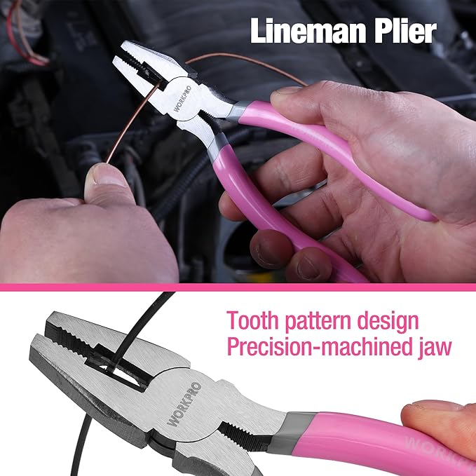 WORKPRO 7-piece Pliers Set with Groove Joint, Long Nose, Slip Joint, Linesman, and Diagonal Pliers for DIY & Home Use - Pink Ribbon
