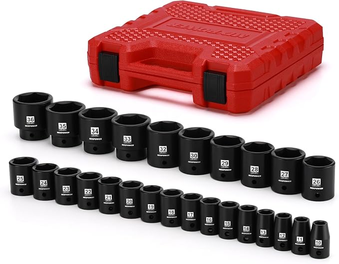 MIXPOWER 26 Piece 1/2 Inch Drive Impact Socket Set,Metric,Shallow,10mm to 36mm, Cr-Mo Alloy Steel, Radius Corner Design, Impact Grade