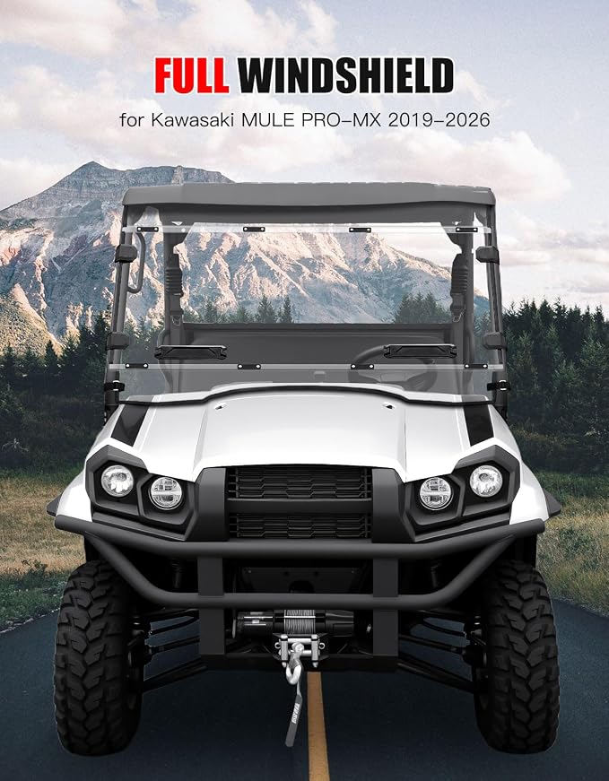 Front Full Windshield for Kawasaki Mule Pro MX, Clear 1/5" Hard Coated PC Vented Full Windshield Scratch Resistant UTV Front Windscreen for Kawasaki Mule Pro MX 2019-2026 Accessories