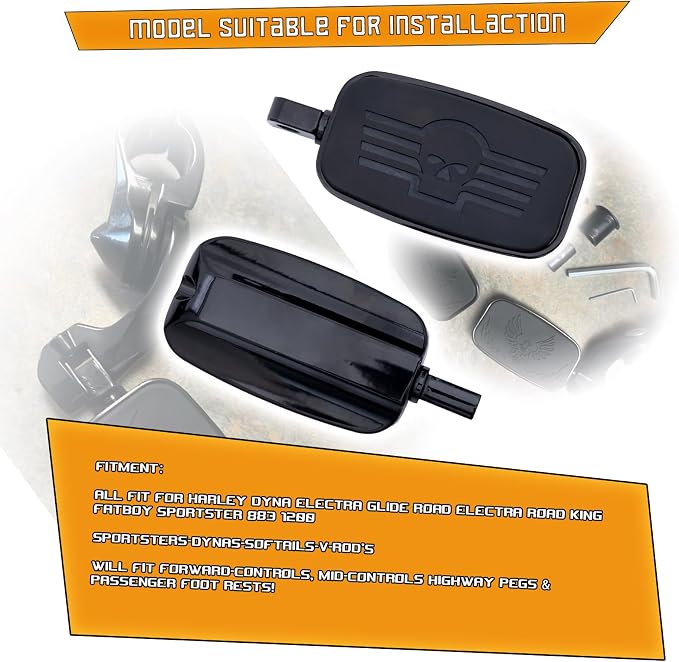 Kinglemc Front Rider Rear Passenger Position Floorboards Footboard Footpeg for Harley Dyna Touring Softail Sportster 883 1200 (Black, Skull 7.2 * 2.5")