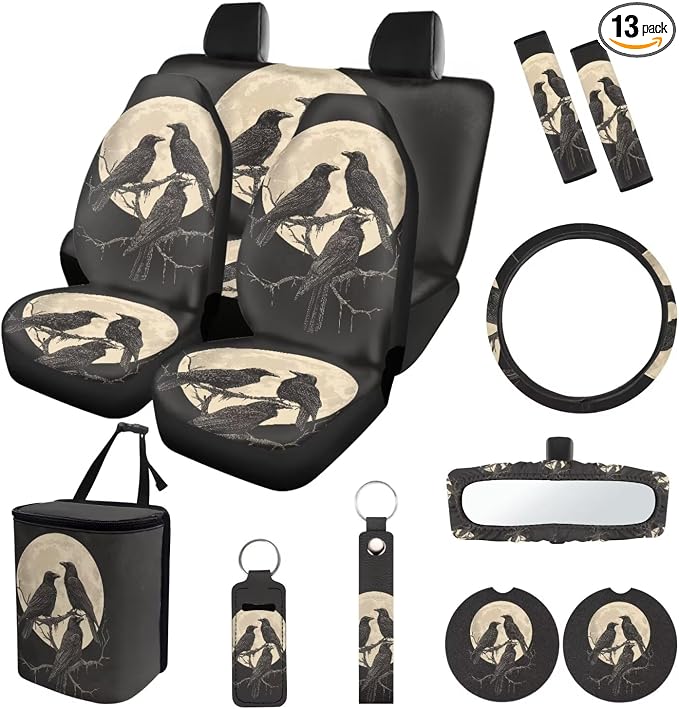Suobstales Raven Moon Print Cars Seat Covers Full Set of 13,Car Accessories Steering Wheel Cover + Seat Belt Covers Pads + Rearview Mirror Cover + Car Trash Can + Coasters + Keychains