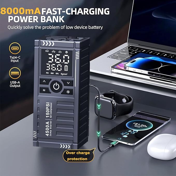 Car Battery Jump Starter with Air Compressor - 4500A 150PSI Battery Jumper Starter Portable with Tire Inflator, Car Battery Jump Starter with Jumper Cables, LCD Display, LED Light