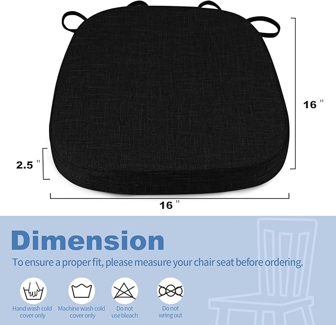 BUYUE Thickened 2.5" Friendly Woven Fabric Dining Chair Cushion, U-Shape High Density Foam Comfortable Chair Pad for Kitchen, Slip Resistant Indoor Seat Cushion (1 Piece, Black)