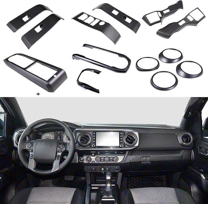 14PCS Full Set Interior Decoration Trim Kit Compatible with Toyot@ Tacoma 2016-2022 Central Control Dashboard Frame Cover Shift Knob Cover Air Vent Trim Cover Window Button Cover (Matte Black)