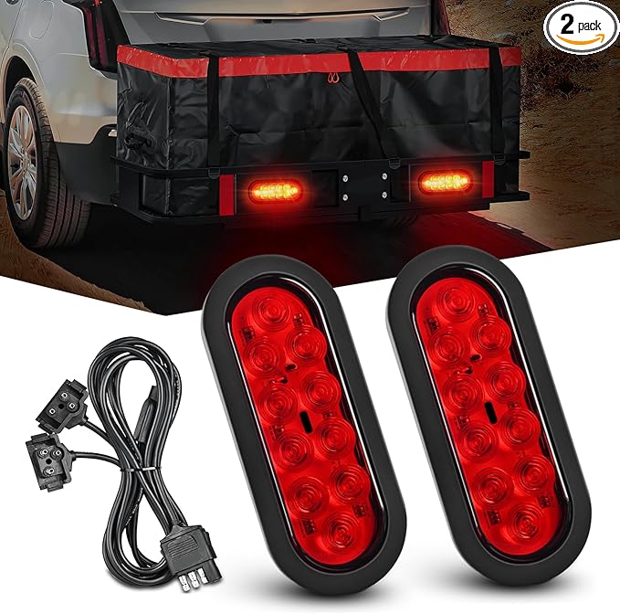 Nilight Hitch Cargo Carrier Light Kit 2PCS 6Inch Red Oval LED with Flush Mount Grommets Wire Harness Waterproof Stop Turn Signals Tail Lights for Luggage Bike Rack