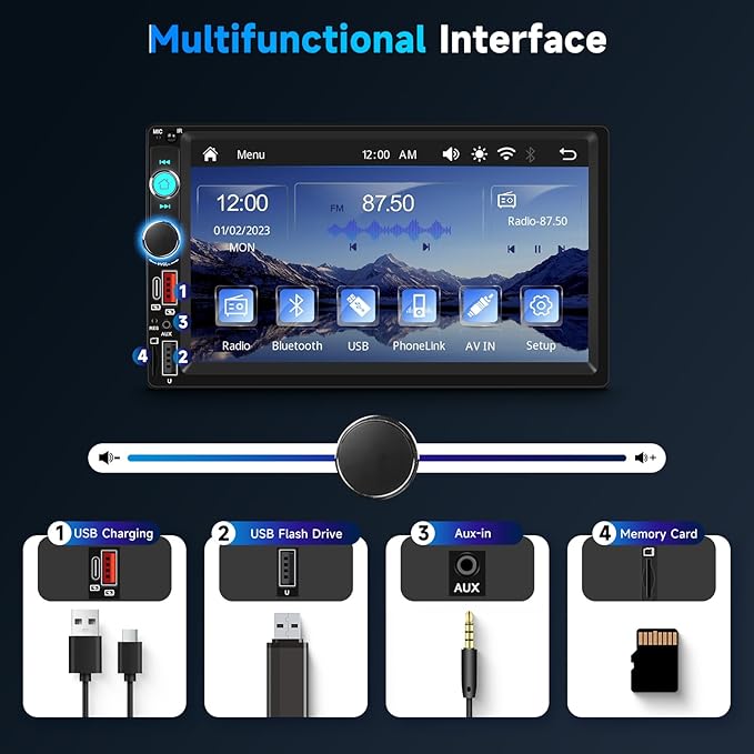 Upgraded Double Din Car Stereo with Wireless Carplay Android Auto, 7 Inch IPS Touch Screen Radio with Bluetooth 5.0, Mirror Link,FM, SWC, Dual USB Port+Type-C Charging +HD Backup Camera