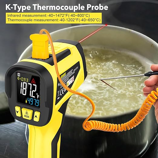 Infrared Thermometer Gun, TEMIRUP Digital Laser Thermometrer Temperature Gun with Probe, -40°F to 1472°F, IR Temp Gun with Color LCD for Cooking, Pizza Oven, Griddle Grill, Adjustable Emissivity