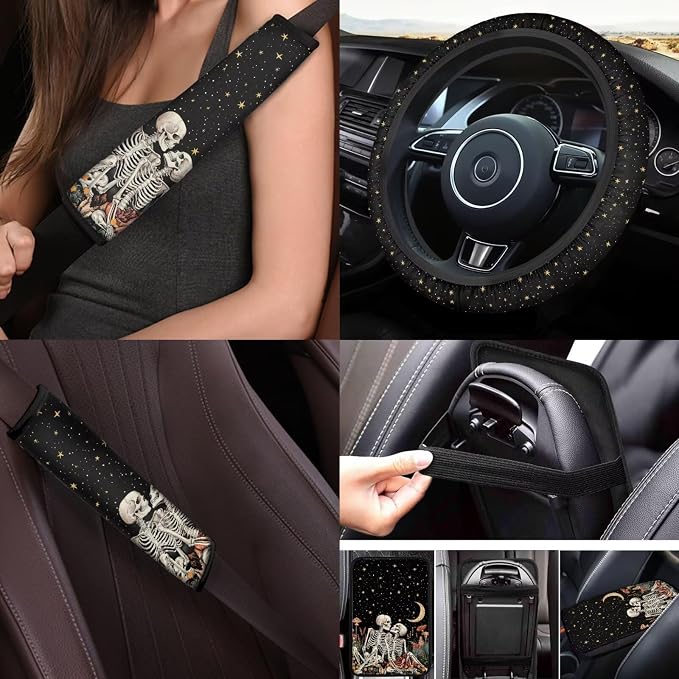 Skull Skeleton Car Accessories Set 17 Pack,Skeleton Skull Car Seat Covers Full Sets with Front and Split Rear BenchVehicle Front Rear Carpets Mats,Seat Belt Shoulder Pad Universal Fit Car