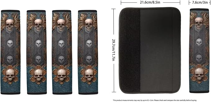 Skull Printed Car Seat Cover Full Set with Steering Whell Cover Seatbelt Cover Washable Auto Seat Protector Universal Auto Interior Accessories, Brown