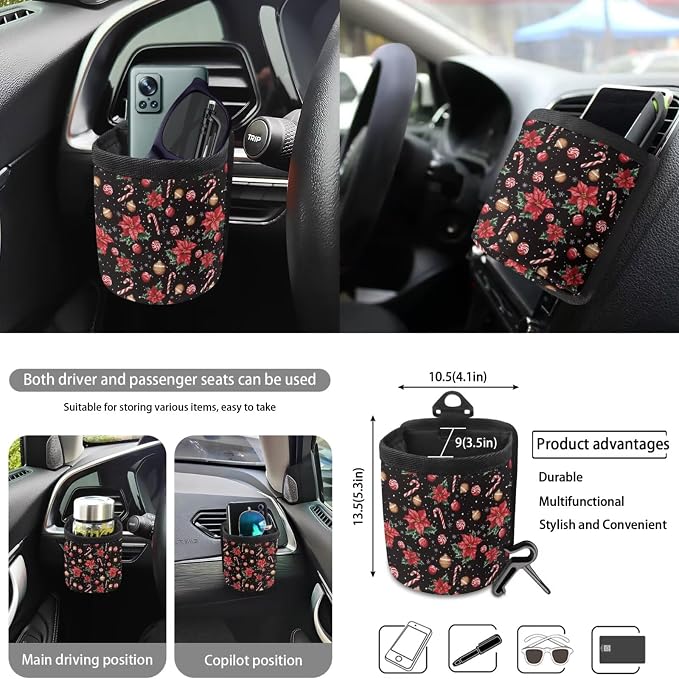 Poinsettia Flower Candy Cane Print Car Seat Covers Set of 10 Elastic Front Rear Seat Covers, Vehicle Trash Bin, Steering Wheel Cover, Air Vent Pouch, Coasters, Keychain Christmas Decor