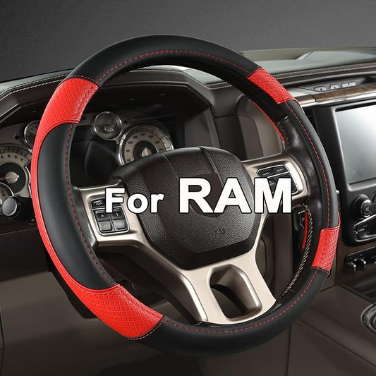 GIANT PANDA Car Steering Wheel Cover for Dodge Ram 1500 2500 3500 15.5-16 inches - Black+Red