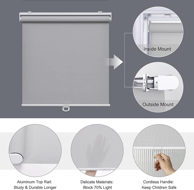 AOSKY Cordless Roller Shades for Windows Light Filtering Shades with 5% Openness Solar Screen Semi Sheer Roller Blinds UV Protection for Office and Home. Easy to Install 23" W x 72" H (Grey)