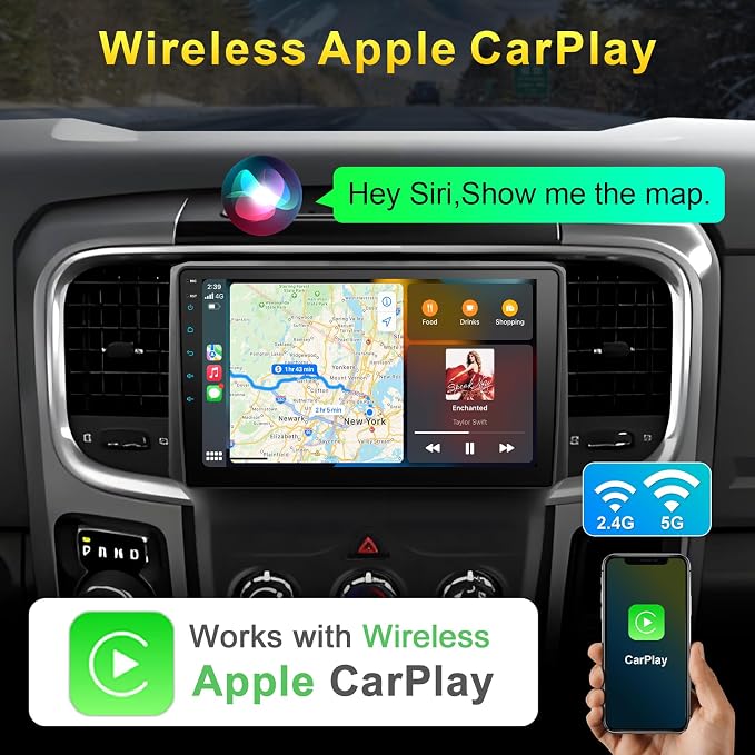 8 Core 4+64G Car Stereo Radio for Dodge RAM Upgrade 1500 2500 3500 2013 2014 2015 2016 2017 2018 with Wireless CarPlay and Android Auto,9 inch Touch Screen Radio Replacement (Only fit Manual AC)